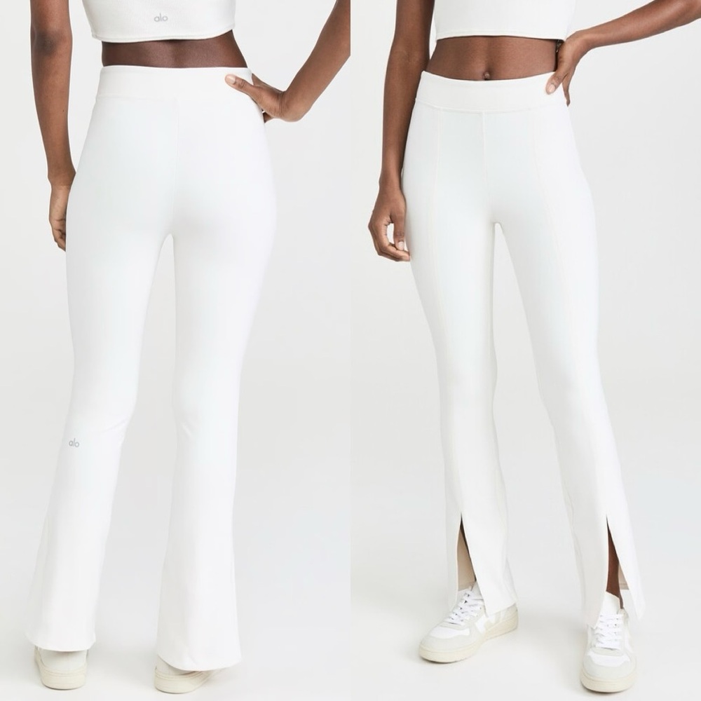 ALO Yoga White High-Rise Flared Leggings with Front Slit